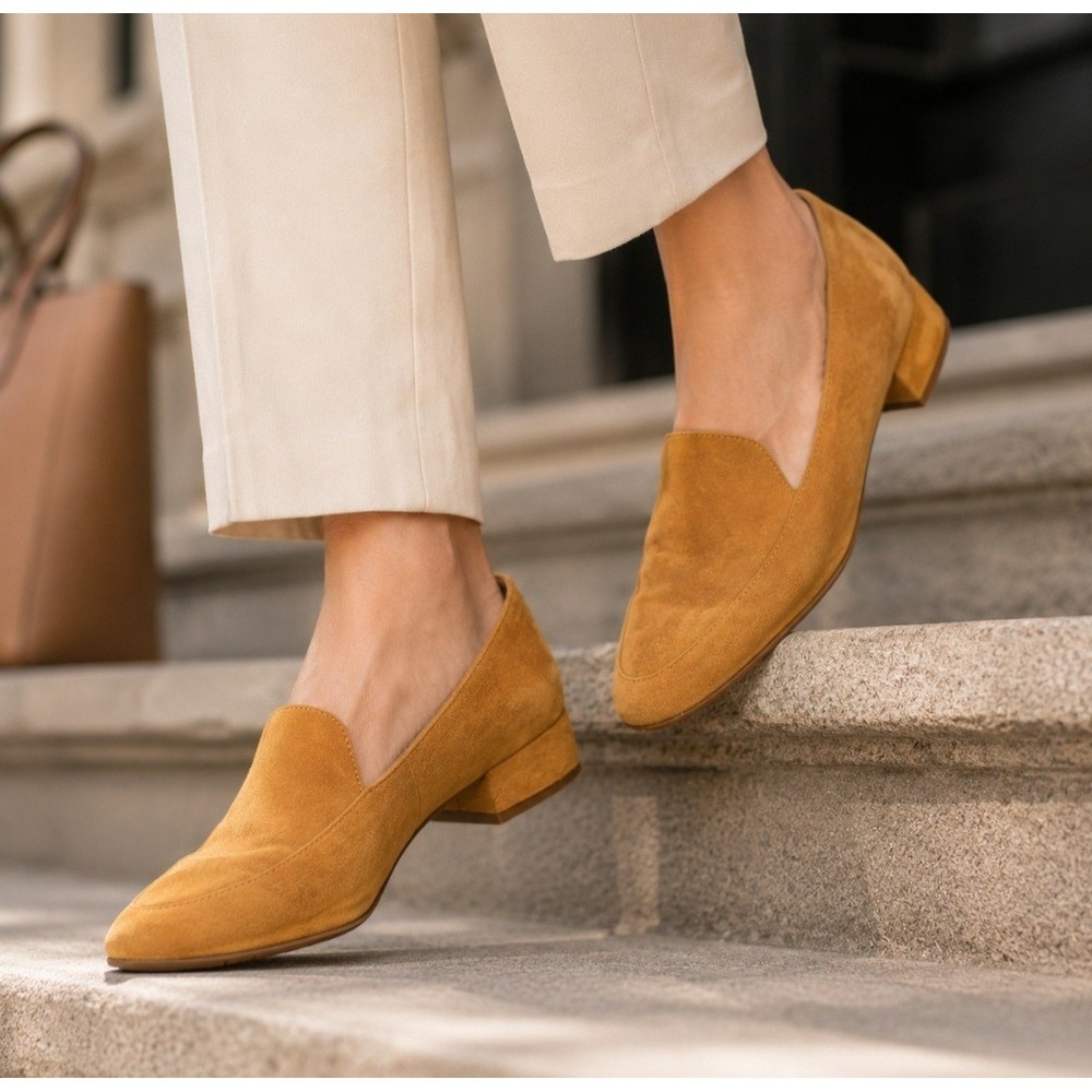 Eileen Fisher Elan Suede Loafers Womens 9 Goldenrod Mustard Block Heel Shoes